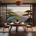 A serene and modern Japanese dining area with a low table and Zen garden view3