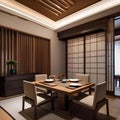 A serene and modern Japanese dining area with a low table and Zen garden view4