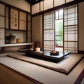 A serene and modern Japanese dining area with a low table and Zen garden view5