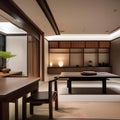 A serene and modern Japanese dining area with a low table and Zen garden view2