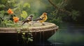 A serene moment as finch birds rest on a garden birdbath