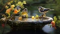 A serene moment as finch birds rest on a garden birdbath Royalty Free Stock Photo