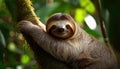 Threefingered sloth in the lush Costa Rican Rainforest, Glimpsing through Drizzling Tropical Canopy with Vivid Greens and Earthy Royalty Free Stock Photo