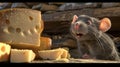 Serene moment rat exploring kitchen table with cheese, captured in detailed close up
