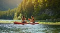 Serene Moments: Friends Enjoying Watermelon Delight on Paddlebod at Lake -