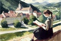 Serene moments: watercolor sketch of a girl engrossed in a book