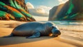 A Relaxing Monk Seal Rests on a Golden Sand Beach at Sunset Serenity Royalty Free Stock Photo