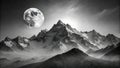 Serene monochrome landscape featuring a large celestial body and a majestic snow-capped mountain range. Generative AI Royalty Free Stock Photo