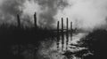 Serene Monochrome Landscape of a Misty River and Dock Royalty Free Stock Photo