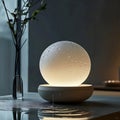 Serene Moon Lamp Diffusing Essential Oils with Water Droplets Creating Ripples on a Wet Tabletop in a Calming Interior Setting