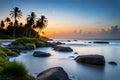 A serene, moonlit beach with gentle waves lapping against the shore, framed by palm trees