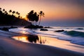 A serene moonlit beach with gentle waves lapping against the shore, framed by towering palm trees