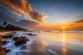 A serene moonlit beach with gentle waves lapping against the shore, framed by towering palm trees