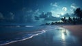 Serene moonlit beach, where the gentle waves kiss. Ai Generated.NO.03