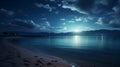 Serene moonlit beach, where the gentle waves kiss. Ai Generated.NO.01