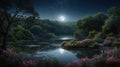 A Serene Night Scene Reflecting The Moon On Still Lake Waters In Forest Royalty Free Stock Photo