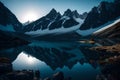 A serene, moonlit reflection of towering mountains in a crystal-clear alpine lake