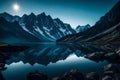 A serene, moonlit reflection of towering mountains in a crystal-clear alpine lake