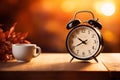 Serene morning ambiance with alarm clock, coffee, and blurred background for text placement