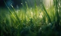 A Serene Morning: Close-Up of Dewy Grass with Glistening Droplets