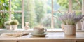 Serene morning coffee break by a sunlit window with dried lavender and pampas grass. Generative AI Royalty Free Stock Photo