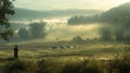 Serene morning in the countryside farmer tending crops with grazing cows in misty pastoral scene Royalty Free Stock Photo