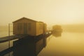 Serene Morning on a Foggy Lake: A Wooden Cabin Floats in Tranquility. ai generative