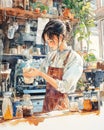 A Serene Morning Ritual: A Woman Creating a Perfect Cup of Coffee in Watercolor Style Art