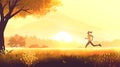 Serene morning run in a scenic autumn landscape with golden sunrise. jogger enjoys peaceful nature. AI