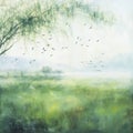 Misty Morning Landscape With Birds in Flight and Lush Greenery Royalty Free Stock Photo