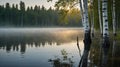 Mystical Morning Haze over Lake with Birch Trees in a Forest Landscape Royalty Free Stock Photo