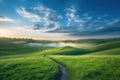 Serene Morning Walk on a Winding Path through a Green Hillside Royalty Free Stock Photo