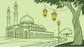Serene Mosque with Lanterns under a Moonlit Tree, vector design Generative AI Royalty Free Stock Photo