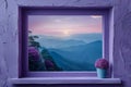 Concept Nature, Mountain Sunrise, Purple Theme, Scenic Serene Mountain Dawn in a Purple Frame Royalty Free Stock Photo