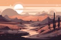 A serene mountain desert landscape depicted in a minimalist illustration. Sunset soft and muted colors. Generative AI Royalty Free Stock Photo