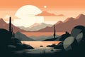 A serene mountain desert landscape depicted in a minimalist illustration. Sunset soft and muted colors. Generative AI Royalty Free Stock Photo