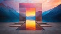 Serene mountain lake with geometric architectural structure
