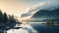 Serene Mountain Lake: A Hazy Romanticism In 8k Resolution