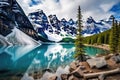 A serene mountain lake nestled amidst towering snow covered peaks, creating a stunning and awe-inspiring vista, Lake Moraine,