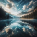 Serene Mountain Lake Reflecting Dramatic Sky and Pine Forest at Dawn Royalty Free Stock Photo