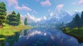 Serene Mountain Lake Scenery in Minecraft Style Royalty Free Stock Photo