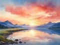 Serene mountain lake sunset watercolor painting Royalty Free Stock Photo