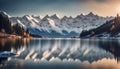 a serene mountain lake surrounded by snow-capped peaks