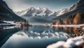 a serene mountain lake surrounded by snow-capped peaks