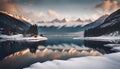 a serene mountain lake surrounded by snow-capped peaks