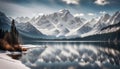 a serene mountain lake surrounded by snow-capped peaks