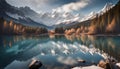 a serene mountain lake surrounded by snow-capped peaks