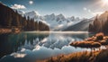 a serene mountain lake surrounded by snow-capped peaks