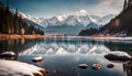 a serene mountain lake surrounded by snow-capped peaks