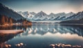 a serene mountain lake surrounded by snow-capped peaks